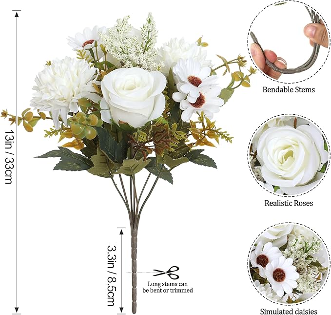 Dremisland Artificial Flowers Like Real Artificial Bouquet 2 Packs Silk Artificial Roses Bouquet with Daisy Chrysanthemum White Flowers for Centerpiece Table Wedding Party Home Decor