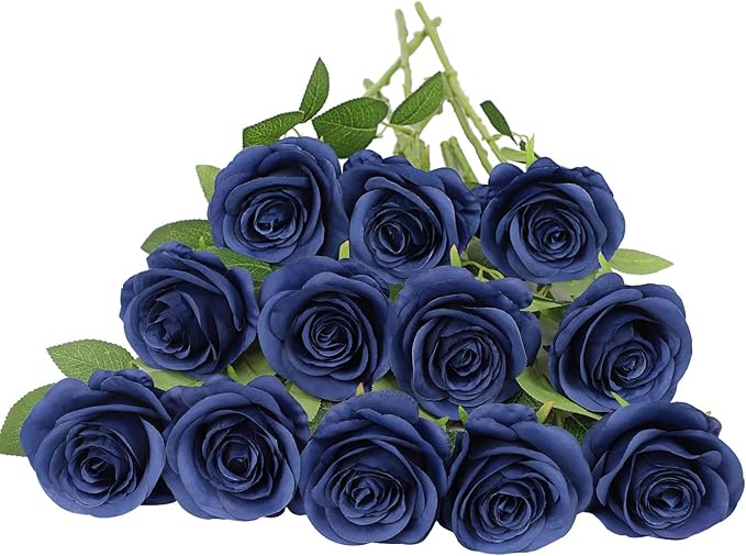 12pcs Roses Artificial Flowers Navy Blue Fake Roses Flowers with Long Stems Silk Flowers for Wedding Bouquet Centerpices Decorations Party Bridal Baby Shower Home Decor