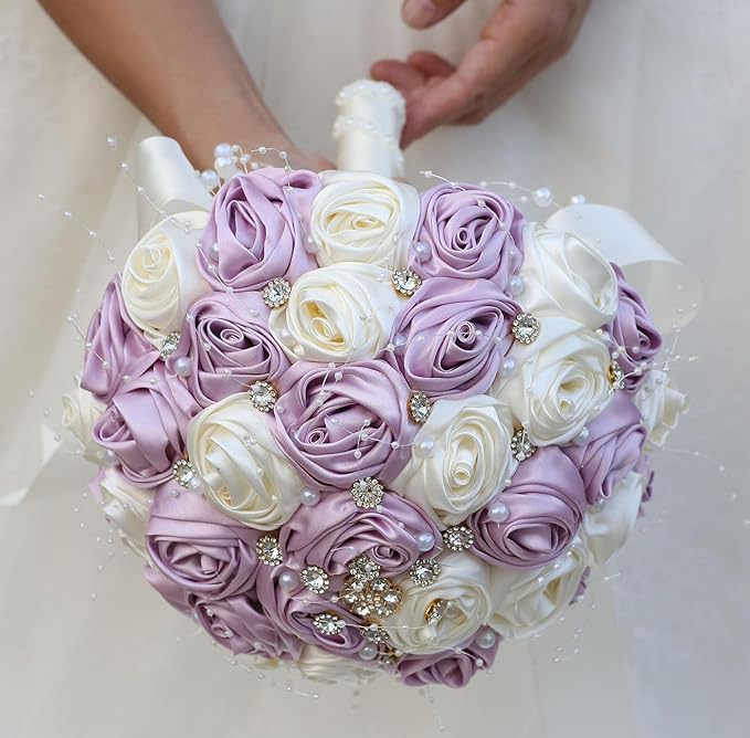 Bridal Wedding Bouquet Round Bling Brooch Bouquet Throw Toss Artificial Rose Flower Bunch for Bride Bridesmaid Wedding Quinceanera(Light Taro Purple & Ivory, 8.7")