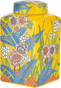 Sungmor Decorative Ceramic Ginger Jar with Lid, Square Ceramic Storage Jar Tea Canister, 8.2" Hand Painted Floral Pattern Porcelain Vase for Table Centerpiece, Yellow Glazed Ginger Jar for Home Decor