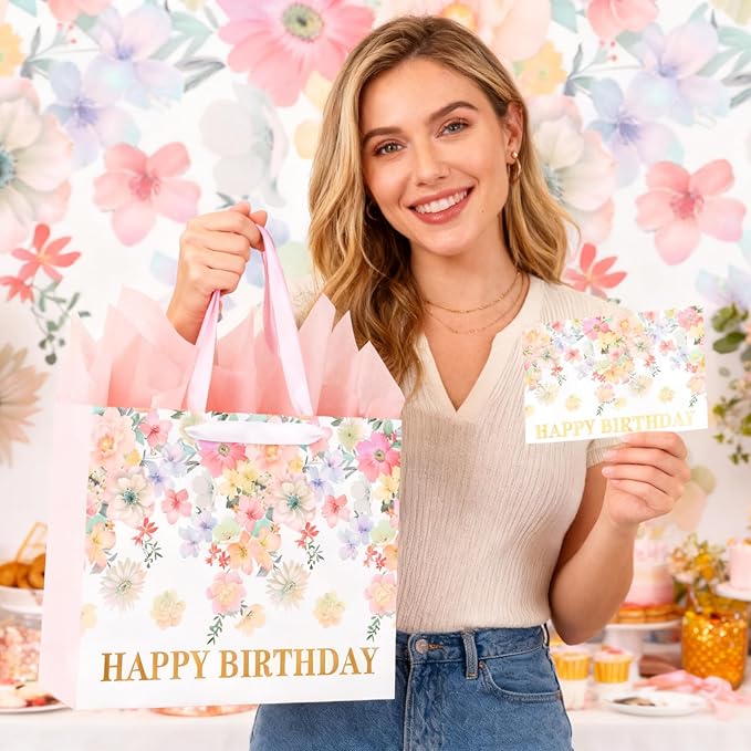 ASYEHJNR 13" Large Size Happy Birthday Gift Bag Floral Flower Pattern with Metallic Gold Happy Birthday Sign Vintage Gift Bag with Greeting Card and Tissue Paper for Girls Women