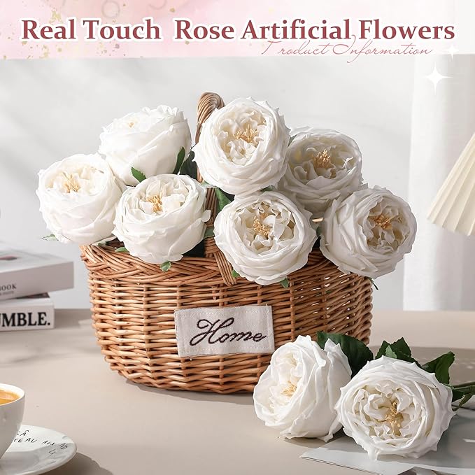 10pcs Real Touch Peonies Artificial Flowers, Faux Austin Rose with Long Stem Look Real Fake Flower for Christmas Valentines Arrangement Wedding Party Home Kitchen Decor(White)