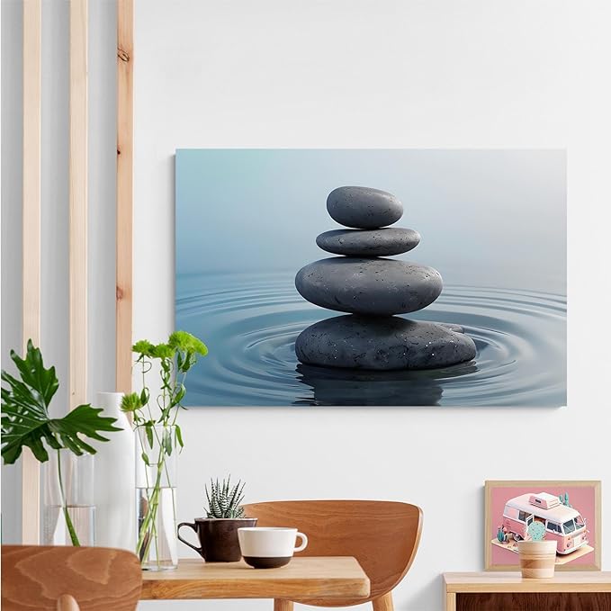 Zen wall art Harmonious grey stones stacked on a calm surface of water Serene Zen decor suitable for tranquil homes and spaces of meditation 12x18in Frameless