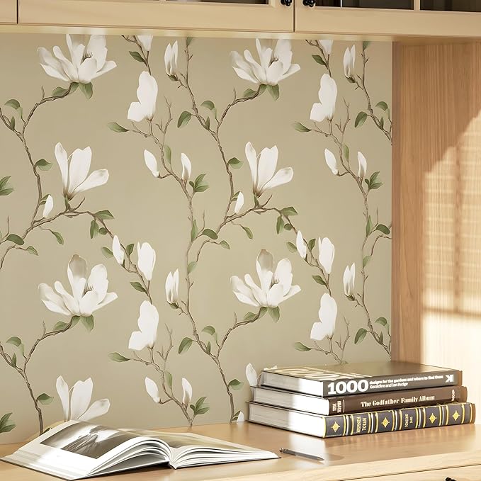 Floral Wallpaper Peel and Stick 17.5in x 32.8ft Vintage Leaf Contact Paper Khaki Magnolia Branches Flower Vinyl Self Adhesive Waterproof Leaf Wall Paper for Bathroom Bedroom Walls Furniture Decor