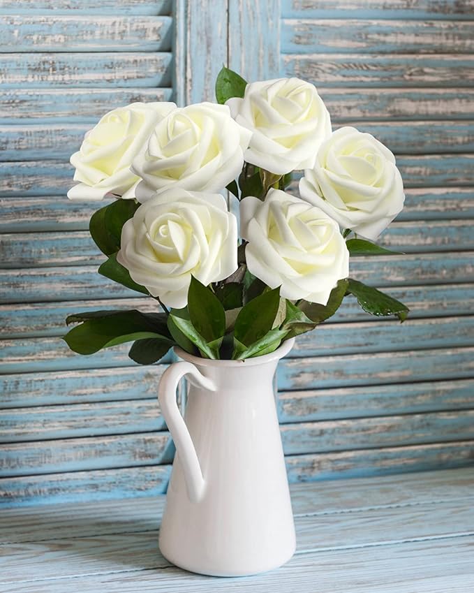 JOYLEX Artificial Flowers Realistic Roses, 50pcs Milk White Real Looking Fake Roses with Stem for DIY Wedding Bouquets Centerpieces Bridal Shower Party Home Romantic Decorations (50pcs, Milk White)