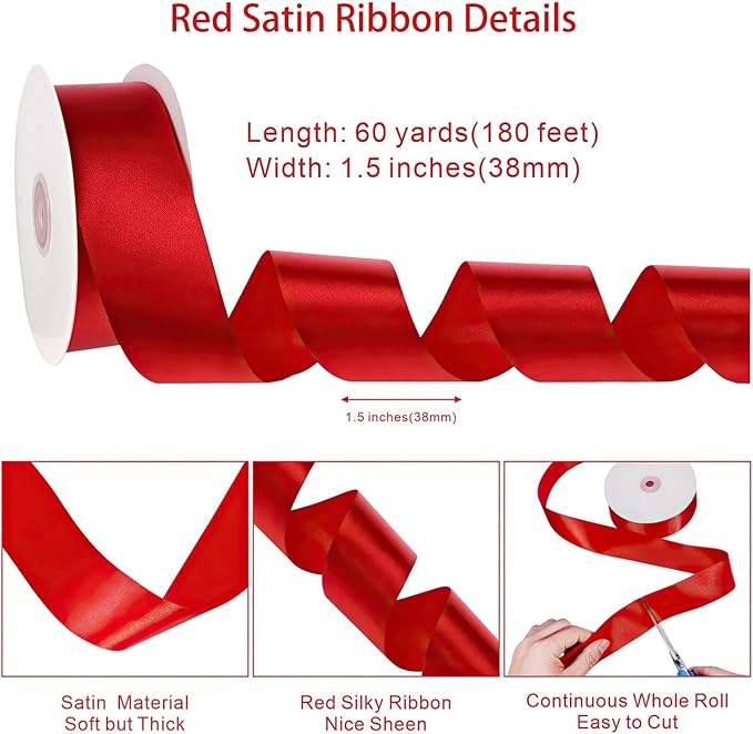 Red Ribbon 60 Yards 1-1/2 Inch Christmas Ribbon Red Satin Ribbons for Gift Wrapping Handmade Roses Wall Dorm Decor Bows Crafts Flower Bouquet Christmas Wedding Party