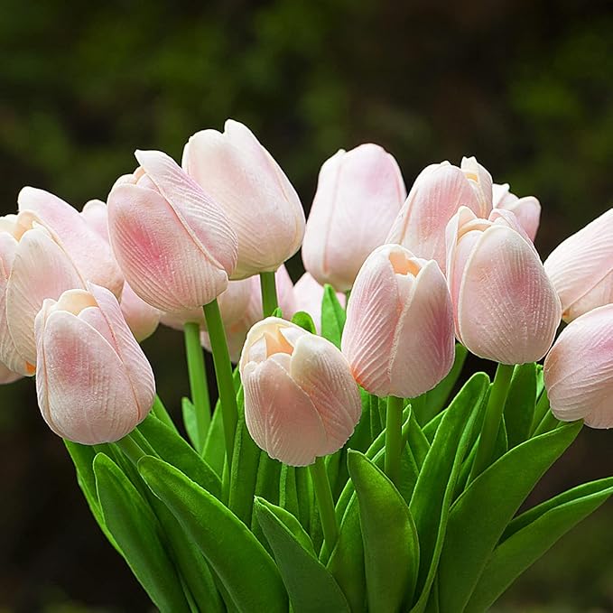 ENOVA FLORAL 20 Pieces Pink Tulips Artificial Flowers Real Touch in Vase, Fake Tulips Arrangements with Vase and Faux Water for Home Decoration, Dining Table, Wedding Centerpieces (Pink)