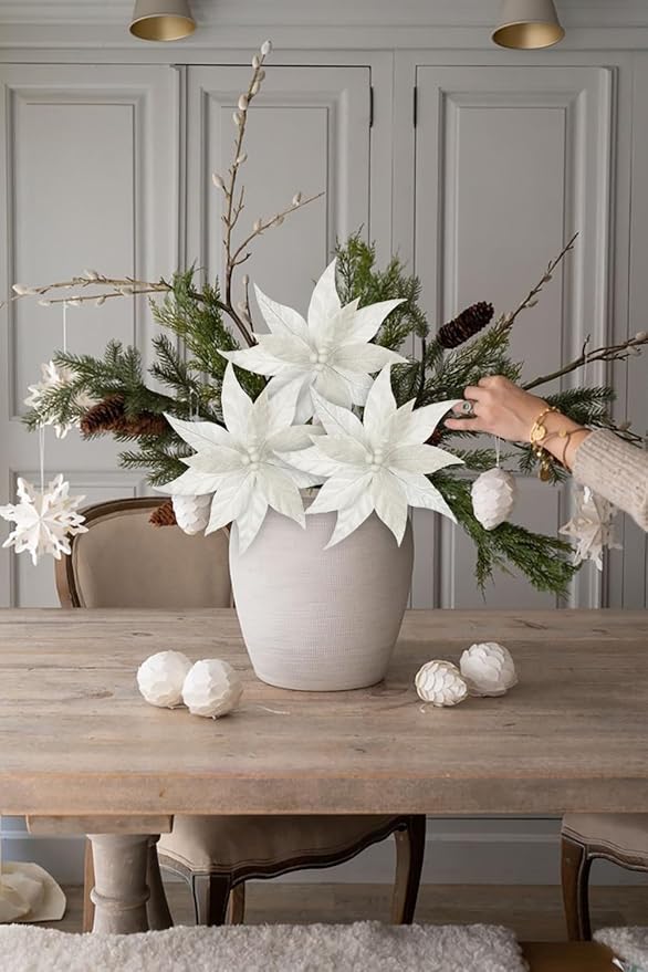 Hollyone 3PCS Poinsettia Christmas Flowers Artificial 11" Large Velvet White Glitter Poinsettia Flowers Christmas Tree Ornaments Floral Picks for Tree Wreath Garland Vase Table Centerpiece Home Decor