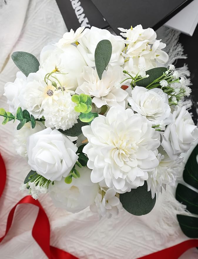 Multi Use Artificial Flowers Combo for DIY Centerpieces Arrangements Wedding Bridal Bouquet Table Chair Decor Candle Holder Baby Shower Cake Decor Flower Strips Home Décor (White Series)