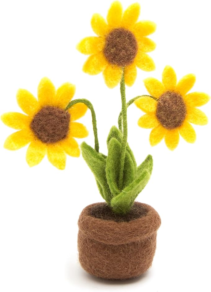 Glaciart One Wool Felt Sunflower in Pot – Handmade Knitted Flowers, Fake Plant Decor for Office Desk, Teacher Gifts, Graduation Presents, Home Decoration