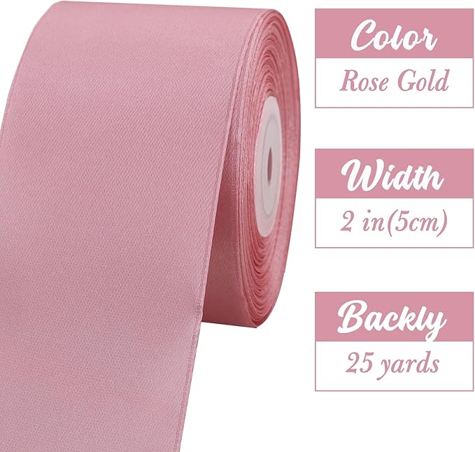 TONIFUL 2 in x 25 Yds Wide Rose Gold Satin Ribbon Solid Fabric Ribbons Roll for Crafts Chair Sash Valentine's Day Gift Wrapping Invitation Cards Floral Hair Bows Sewing Party Wedding Car Decoration