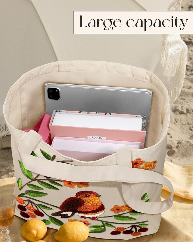 Aesthetic Embroidery Tote Bag for Women - Reusable Canvas Cute Shoulder Bag for Shopping, Grocery, Work, Book