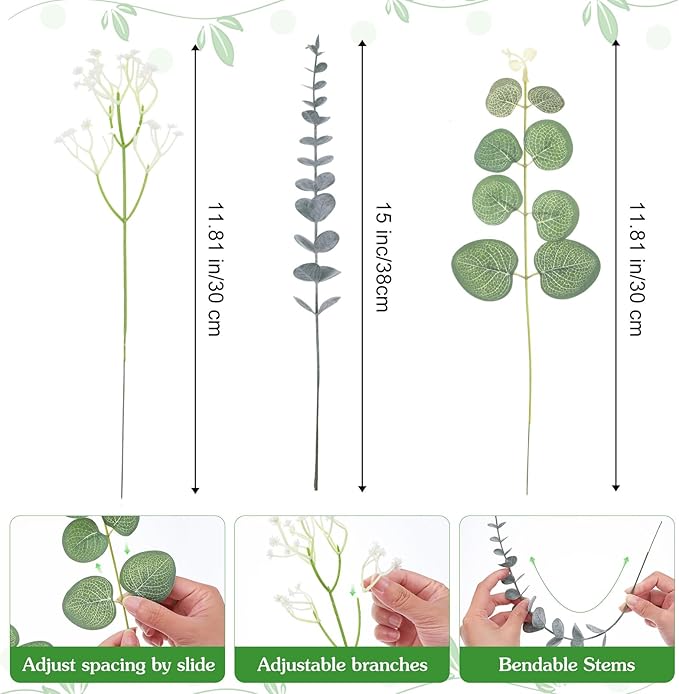 Eucalyptus Leaves Stems 120pcs 3 Kinds Mixed Artificial Greenery Stems Baby Breath Flowers Artificial Bulk Greenery Stem Floral Decor for Wedding Decor Vase Floral Arrangement Centerpiece DIY Bouquet