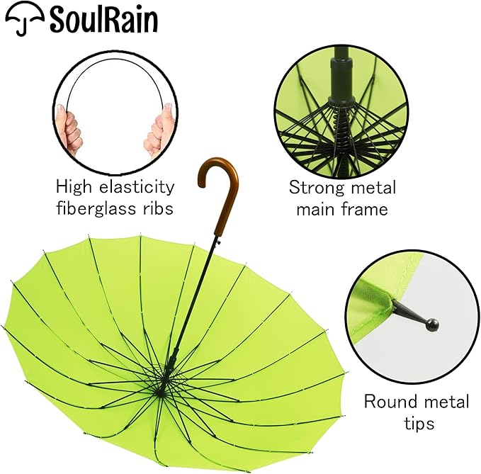 SoulRain 16 Ribs 48" Stick Umbrella Auto Open Solid Color Fashionable and Simple，Arc Classic Wood Handle，Windproof Unbreakable Stick Rain Umbrella