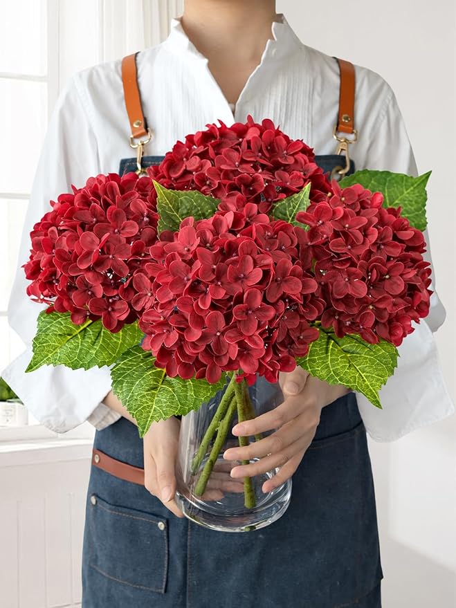Hydrangea Artificial Flowers, Lifelike Latex Silk Real Touch Faux Hydrangea Flowers, Artificial Hydrangeas Bouquet for Wedding Centerpieces Tables Party Home (Red)