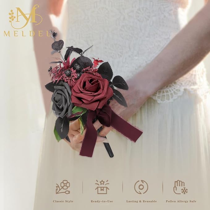 Meldel Wedding Flowers Fake Rose Mini Bridesmaid Bride Bouquets Black Burgundy Set of 6 Small Floral Wedding Centerpieces Decor Artificial Flower Arrangements for Tables Home Party Decorations