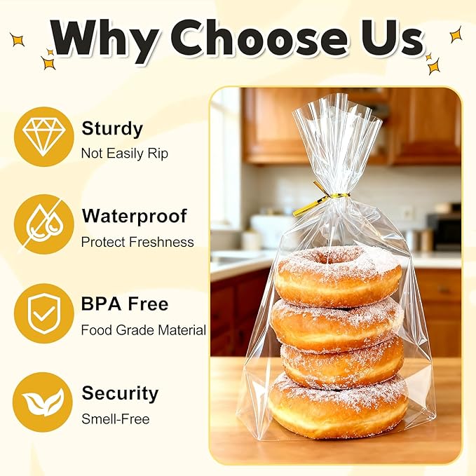 PigPotParty Cellophane Bags 8"x11", 100 Pack Clear Gift Bags, Bottom Gusset for Stand-Up Display, Plastic Cellophane Gift Wrap, Ideal for Mugs, Goodies, Treats, Party Favors, Includes Gold Ties
