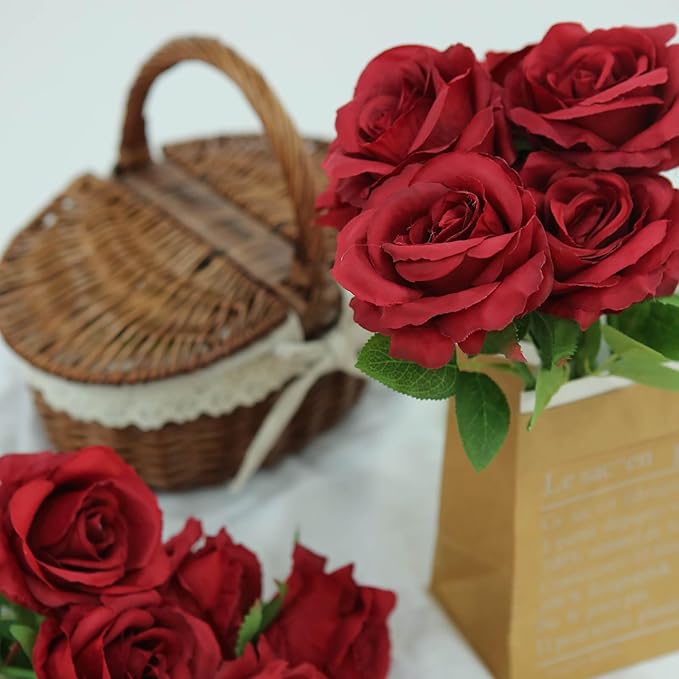 Felice Arts 12 Pack Fake Wine Red Roses Artificial Flowers with Stems Silk Burgundy Rose Bouquet for Valentines Decoration Wedding Bridal Bouquet Vase Table Centerpiece DIY Cake Decor