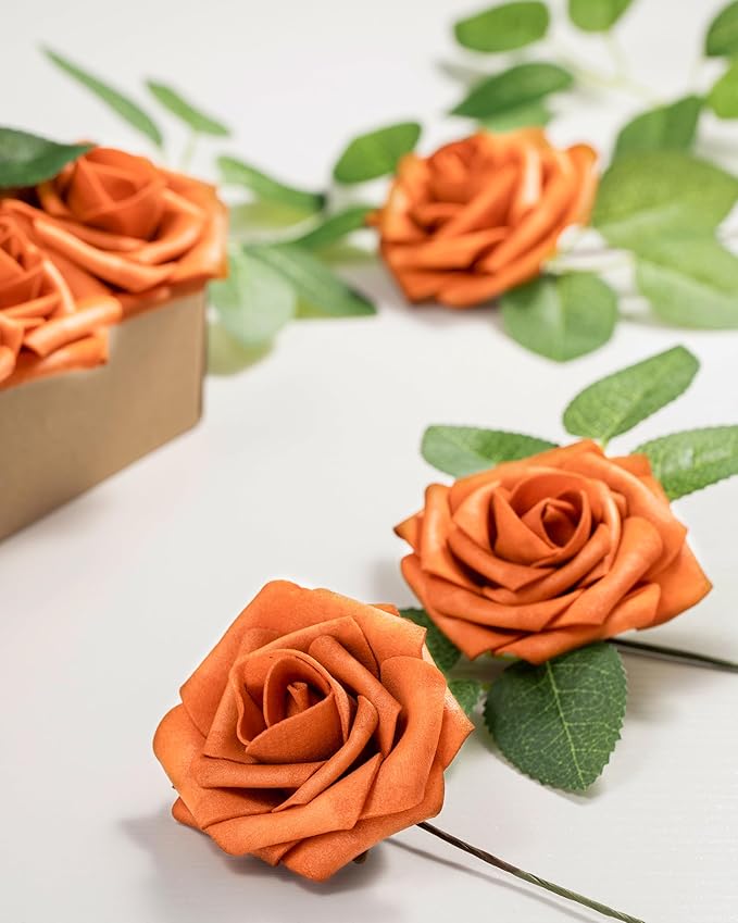 DuHouse 25Pcs Artificial Roses Flowers Fake Rose with Stems Real Touch Foam Flowers for DIY Wedding Bouquet Baby Shower Centerpiece Floral Arrangement Party Home Decor(Burnt Orange)