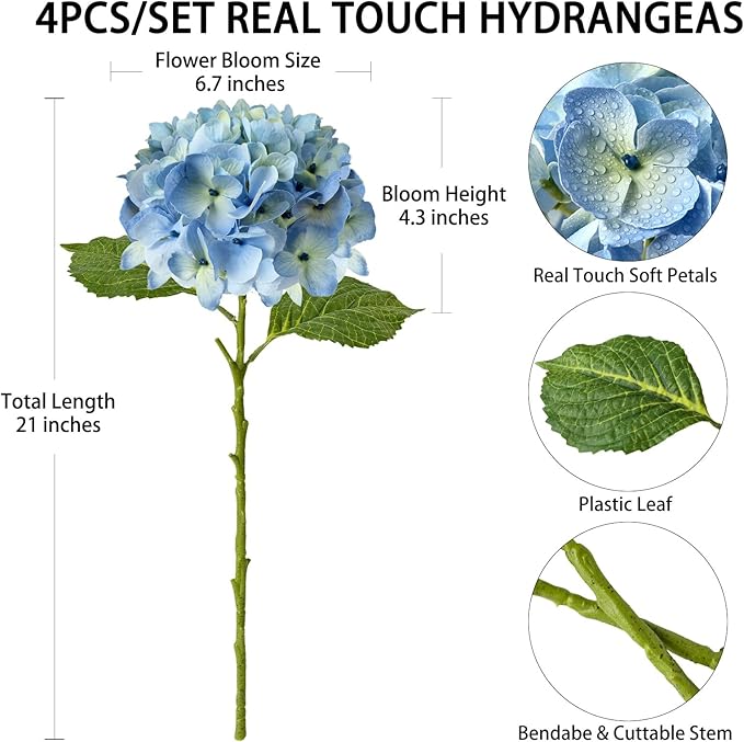 4 Pcs Real Touch Hydrangeas Gradient Blue Artificial Hydrangeas Flowers Real-Looking Faux Latex Hydrangea for Kitchen Living Room Porch Home Decor Baby Shower Party Wedding Table Centerpiece