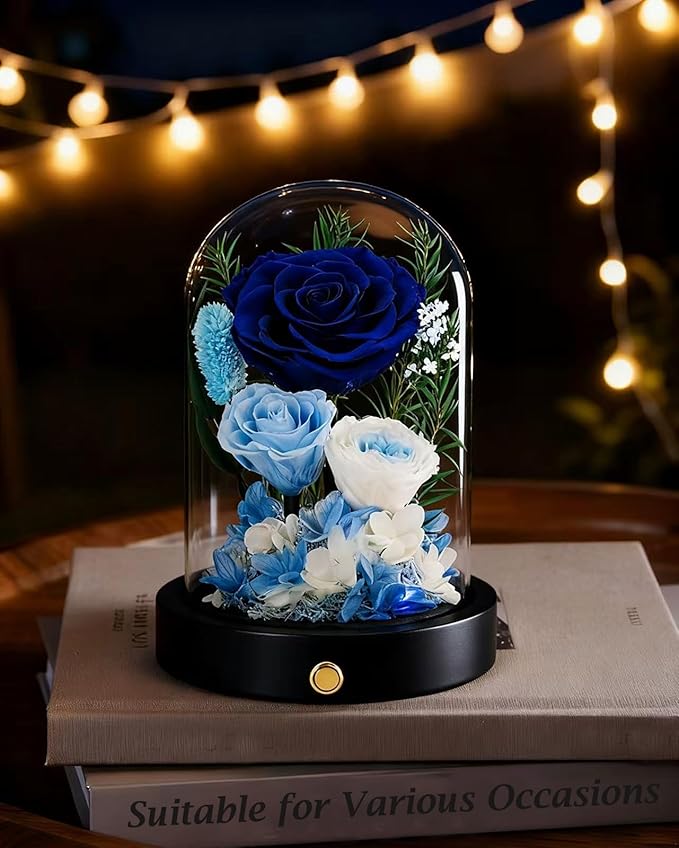 Eternal Roses, Preserved Flowers in Glass Dome, Long Lasting Roses Blue Forever Flowers for Delivery, Valentines Day Mothers Day Anniversary Birthday Gifts for Grandma Women Her Mom Girlfriend Wife