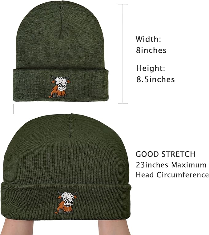 Scottish Highland Cow Beanie Hat, Cute Funny Cow Embroidery Winter Knit Skull Cap for Adult Men Women