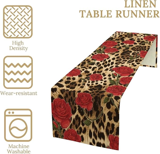 Red Rose Leopard Print Table Runner, Romantic Vintage Rose Flower Spring Summer Dinner Runner Table Decoration for Home Kitchen Dining Holiday Wedding Party 13x36in