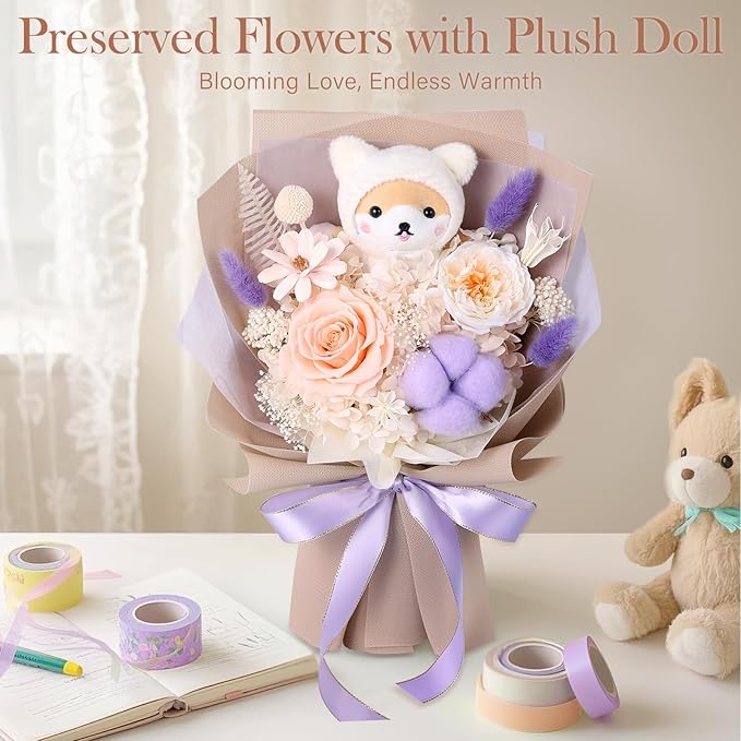 Forever Flowers Bouquet with Cute Doll - Preserved Flowers for Delivery, Real Eternal Roses Bouquet for Mothers, Mom, Girlfriend, Wife Anniversary Birthday Gifts for Women Men