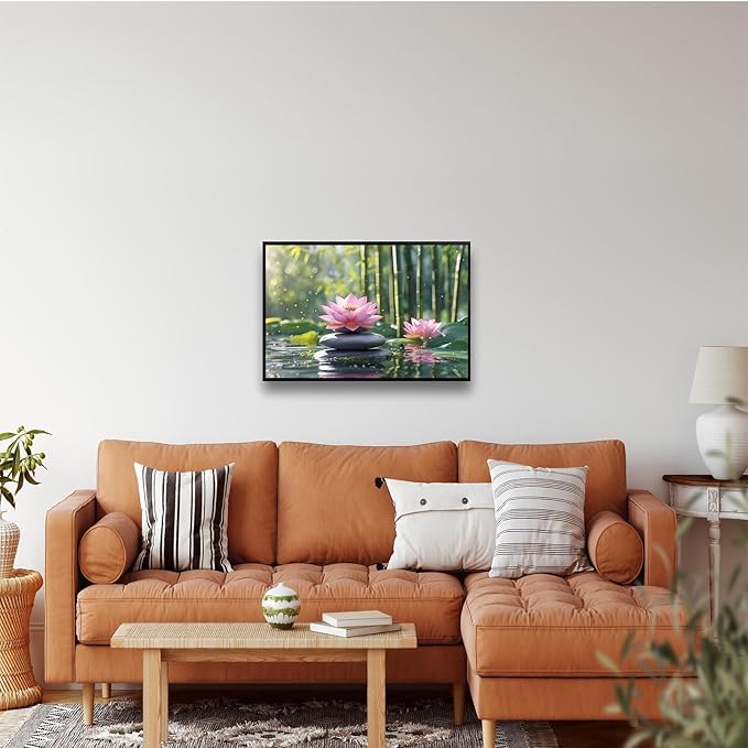 Ethereal pink lotus on obsidian Sunlit bamboo forest with sparkling water drops Poetic nature inspired wall art for tranquil homes and mindful spaces 16x24in Metal blackFramed