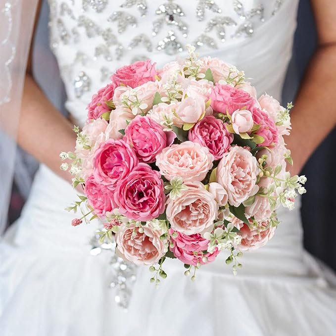 Artificial Peonies Silk Flowers, Pink Faux Peony Bouquet 4 Bundles Florals Arrangements Decor for Farmhouse Home Boho Wedding Table Centerpiece, Fake Plastic Flower Bulk for Vase Decoration (Mix Pink)