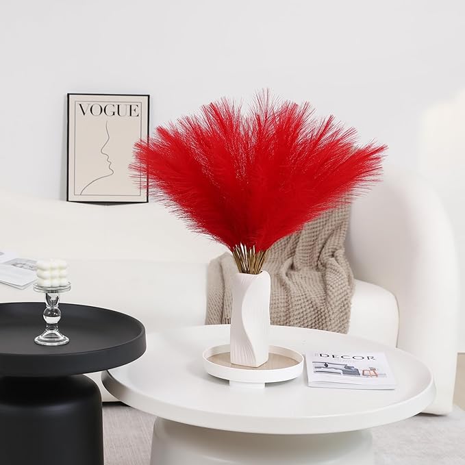 60pcs Red Pampas Grass Decor - 24 Inch Short Artificial Pampas Grass Decor, Fake Pompas Floral for Vase Filler, Wedding Flower Arrangement, Party and Home Decor (Red)