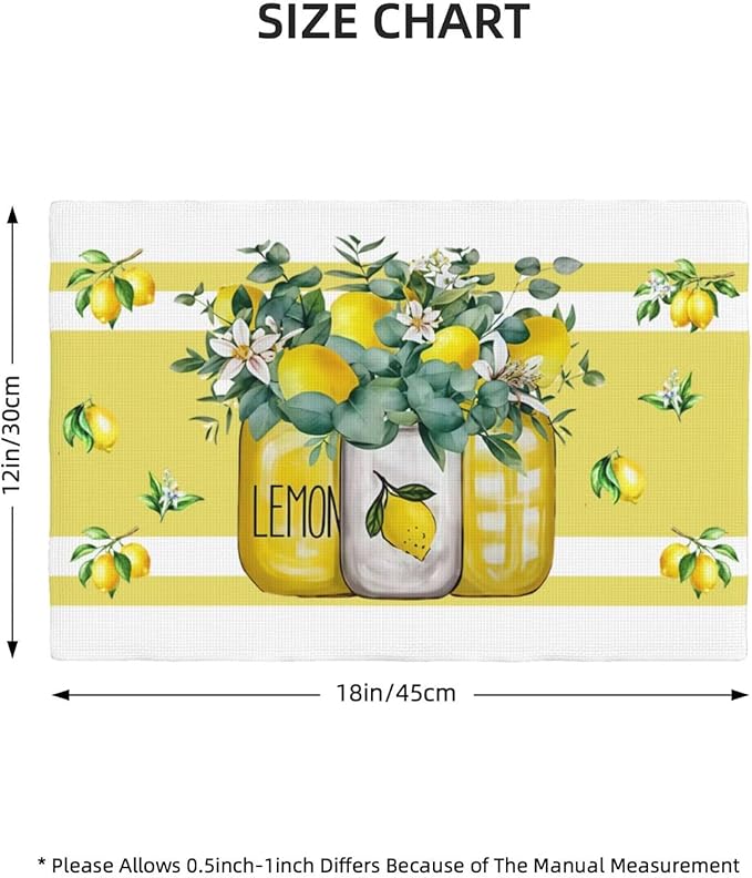 Lemon Kitchen Table Placemats Set of 4 Retro Country Floral Plant Print Placemat Indoor Outdoor Party Home Desktop Dining Room Decor 12x18 Inch