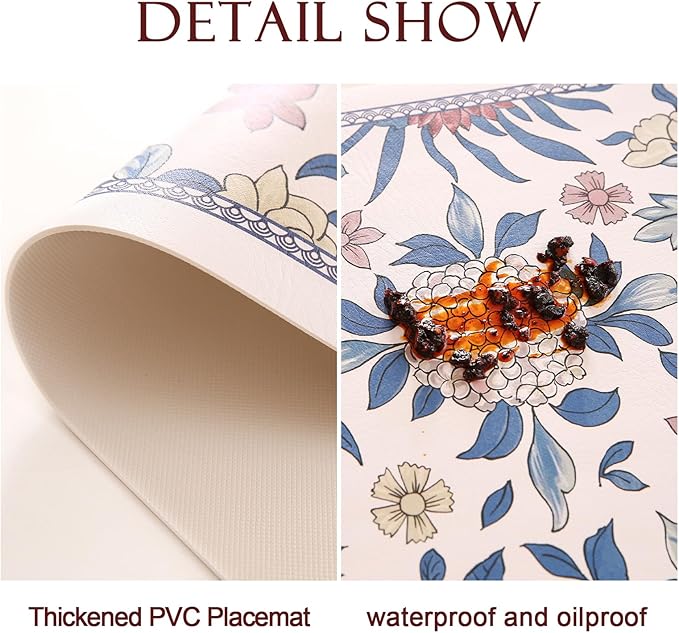 patdrea Blue Floral Rectangular PVC Placemats, Pack of 6, Waterproof Insulation, Soft and Durable, Suitable for Dining Table, Kitchen and Coffee Table Decoration,12"*17"