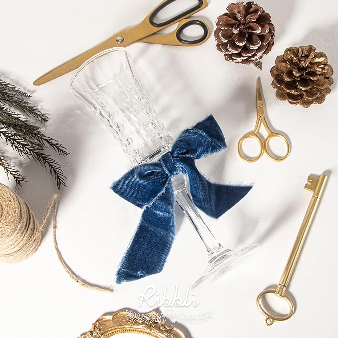 Ribbli Ocean Blue Velvet Ribbon 1.5 Inch Handmade Frayed Vintage Christmas Ribbon for Gift Wrapping Christmas Tree Ornament Wreath Craft Home Decor -3 Yards