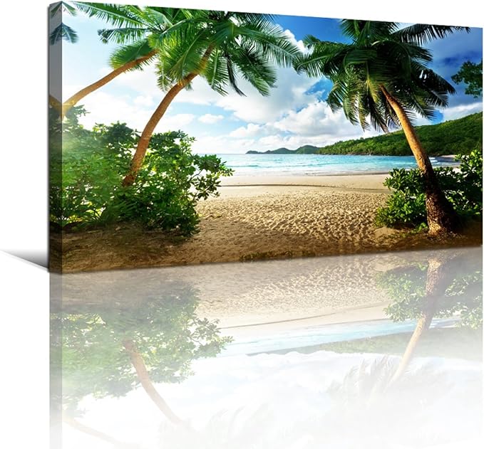 Wall Art Sea Beach Coconut Tree Landscape Picture Print Canvas Wall Art Modern Giclee Artwork Home Decor Stretched and Framed Ready to Hang,2cm Thick Frame, Waterproof Artwork.