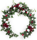 Ling's moment Christmas Eucalyptus Garland with Flowers 6FT，Table Runner with Flowers Marsala Mantle Decor Handcrafted Wedding Centerpieces for Rehearsal Dinner Bridal Shower | Red & White