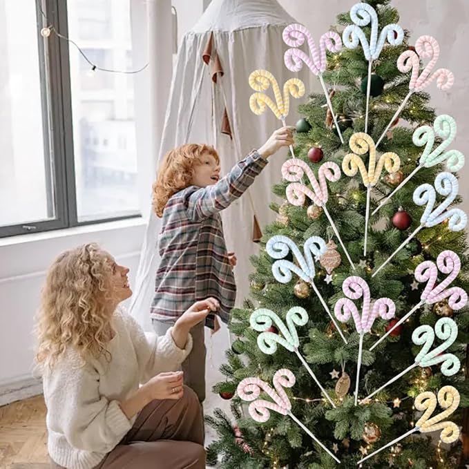 5Pcs/Set Macaron Color Christmas Tree Picks Pastel Candy Shape Christmas Tree Topper 14.5” Christmas Curly Picks with Gitter Sequins Ornaments for Home Xmas Tree Vase Garland Holiday Party Decor