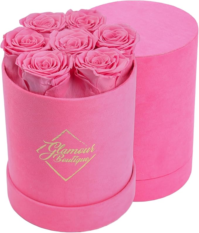 GLAMOUR BOUTIQUE Eternal Preserved Roses in a Box - Flowers Forever, Rose Forever in a Box for Wife, Birthday Gifts for Her, 7 Roses, Velvet Pink