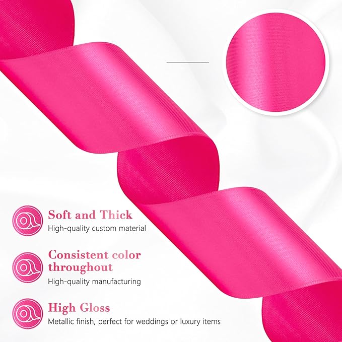 Hot Pink Satin Ribbon 2 Inch 60 Yards, Polyester Fabric Ribbon for Flower Bouquet, Wedding, Crafts, Gift Wrapping, Baby Shower, DIY Bows and Outdoor Decor