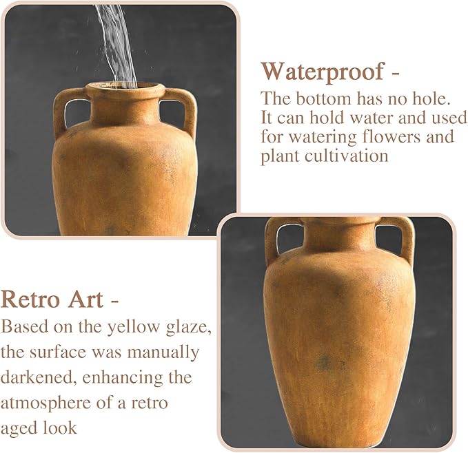 Ceramic Vase with Handle, 8.85 inch Tall Flower Vase for Centerpieces, Large Decorative Terracotta Vintage Vases, Farmhouse Rustic Vases for Home Decor, Living Room, Table, Neutral