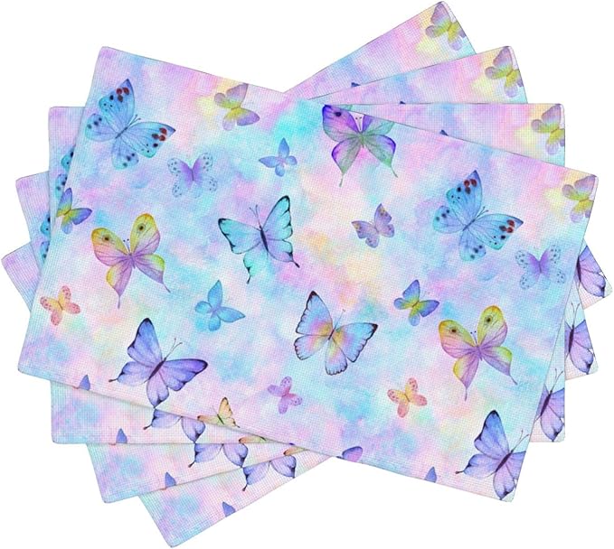 Watercolors Butterfly Placemats Set of 4,Spring Summer Flower Place Mats Washable for Kitchen Dining Table Heat Resistant Decorative Colth Table Mats 4 PCS, Style
