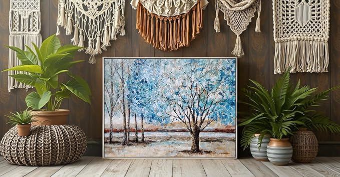 Yihui Arts Blue Tree Canvas Wall Art - Hand Painted Textured Abstract Forest Landscape Modern Artwork with Gold Foil Framed for Living Room, Bedroom, and Bathroom Decor