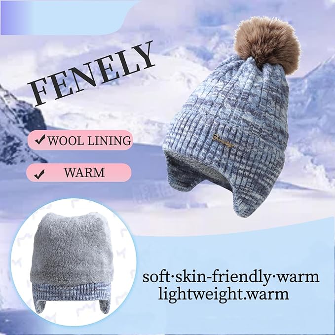 FENELY Women's Knitted Warm Beanie Winter Hat, Warm Chunky Snow Hat with Pompom