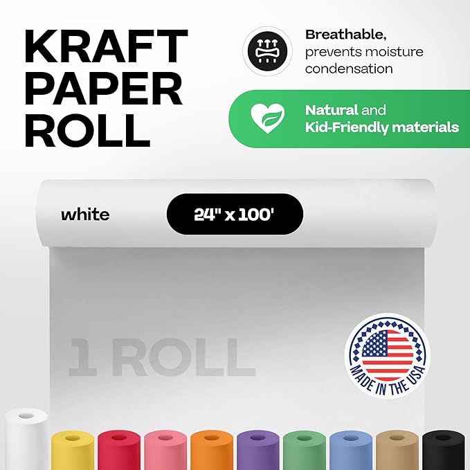 White Paper Roll 24" x 1200" (100 feet) - USA-Made Quality White Kraft Paper 50lb Thickness for Packing, Moving, Shipping & Crafts/Arts - 100% Recyclable Natural Wrap Material by IDL Packaging