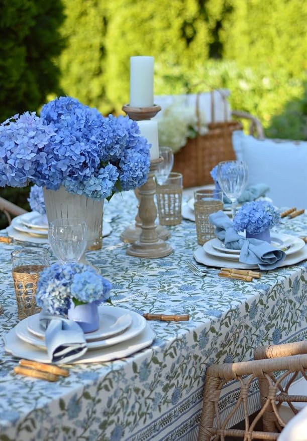 ATOSII Mahoka Blue 100% Cotton Rectangle Spring Tablecloth, Handblock Floral Linen Table Cloth for Kitchen Dining Table I Parties Weddings Outdoors Easter Home Decor 72 X 140 Inches I 12 Seater