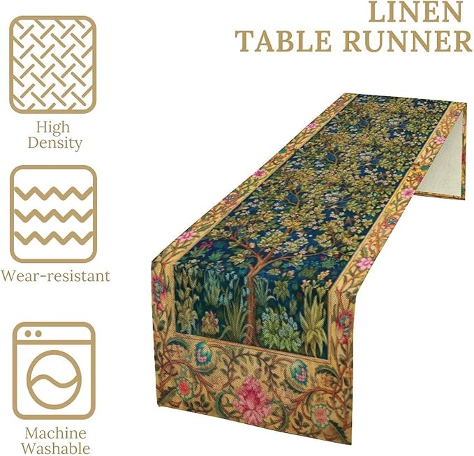 William Morris Table Runner, Boho Rustic Ethnic Tree of Life Flower Original Design Print Table Runner for Home Party Dining Room Kitchen Decor 13x108 Inch