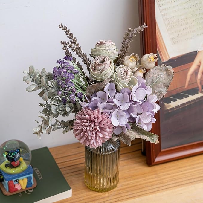 13-inch Small Artificial Fake Flowers for Table Arrangements, Silk Faux Bouquets with Three Roasted Edge Roses, Hydrangeas, Globeflower, babysbreaths, Ideal for The Kitchen or Bedroom.