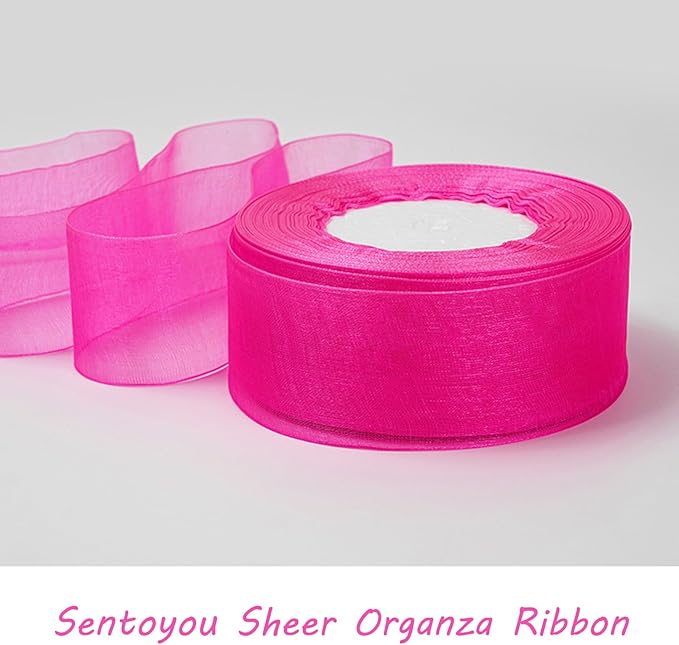 Pink Ribbon for Gift Wrapping, 1 inch 50Yard Sheer Organza Tulle Ribbon, Hot Pink Gifts Wrap Chiffon Ribbons for Hair, Crafts, Flower Bouquet, Wedding, Valentines Day, Mothers Day, Christmas