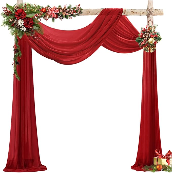 VOK Red Wedding Arch Draping Fabric 29in x 18Ft 4 Panels Sheer Chiffon Curtain Drapes Extra Long for Outdoor Wedding Ceremony Birthday Party Decoration