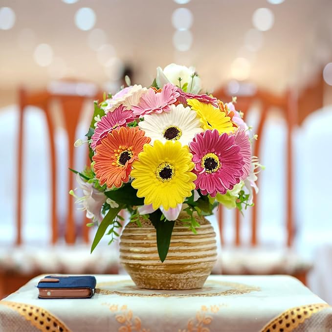 15 Pcs Artificial Gebera Daisies Flowers Fake Daisy Real Touch PU Faux Flowers Bouquet for Indoor Home Arrangements Vase Wedding Party Table Centerpiece DIY Floral Decor